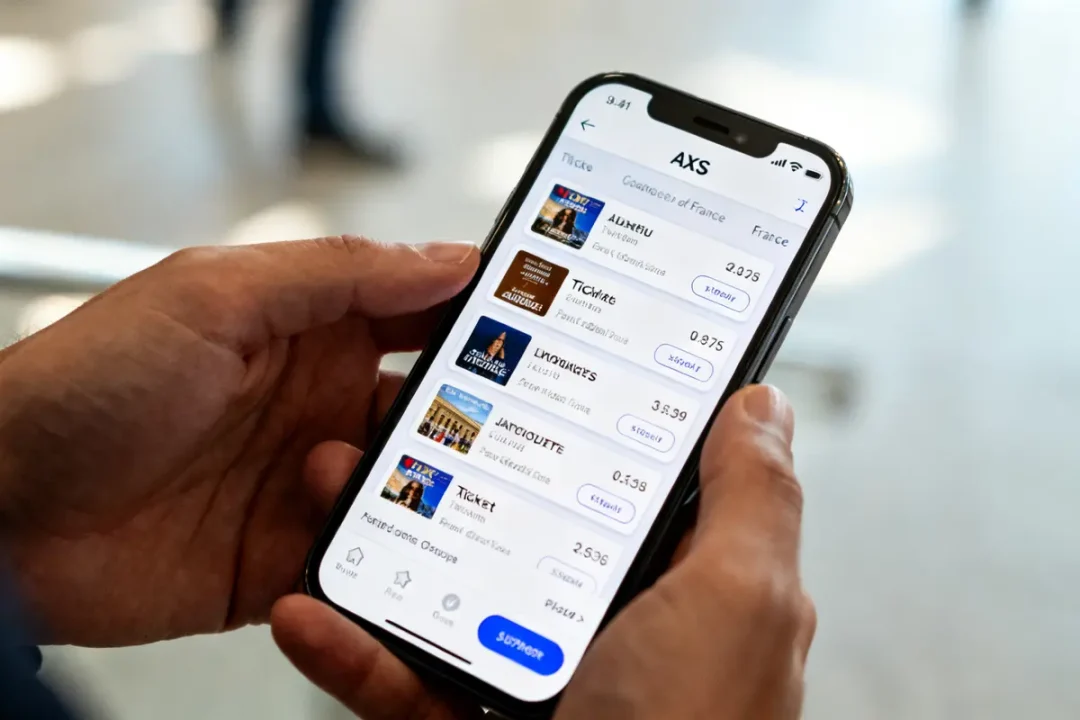Main avec smartphone affichant l'application AXS pour acheter des tickets de concert AXS
