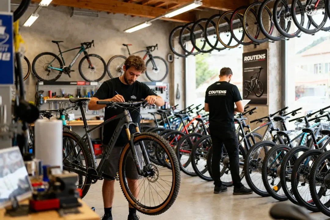 Atelier de réparation de vélos Cycles Routens SARL avec deux techniciens ajustant des vélos