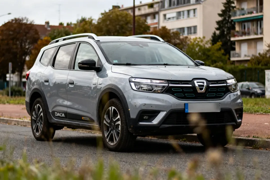 SUV gris Dacia Evader stationné en extérieur avec des bâtiments en arrière-plan