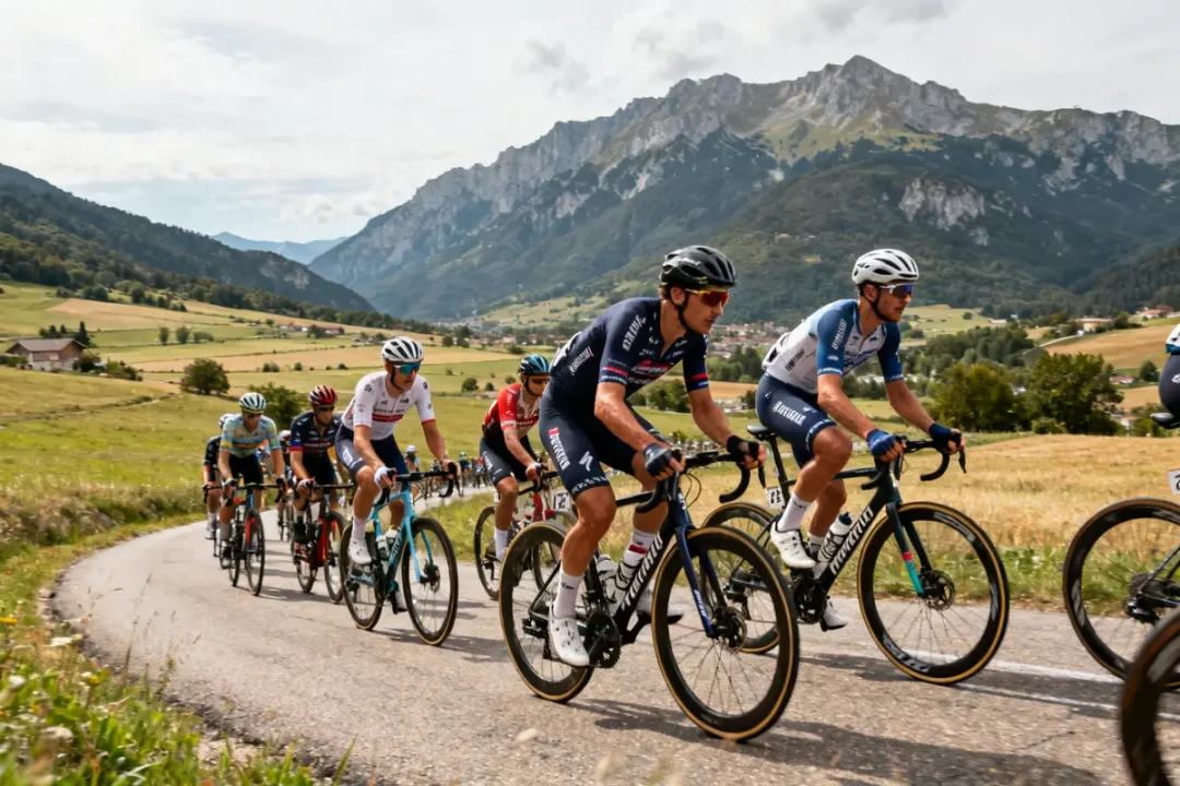 Cyclistes en montagne lors de la course Dauphiné Libéré 2025 direct par temps clair