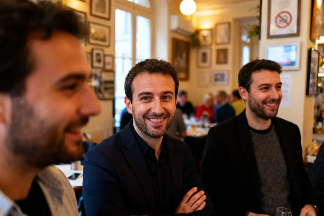 Des hommes souriants discutent dans un café en utilisant le concept Fghj.
