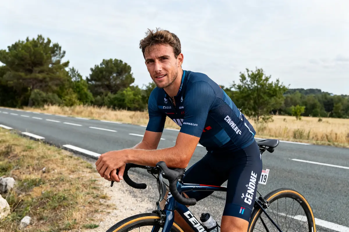 Florian Sénéchal cycliste sur vélo, route forestière en arrière-plan, tenue sportive bleue