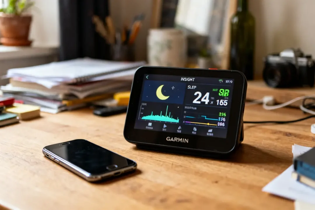 Appareil sur table affichant les données de sommeil avec écran Garmin Insight.