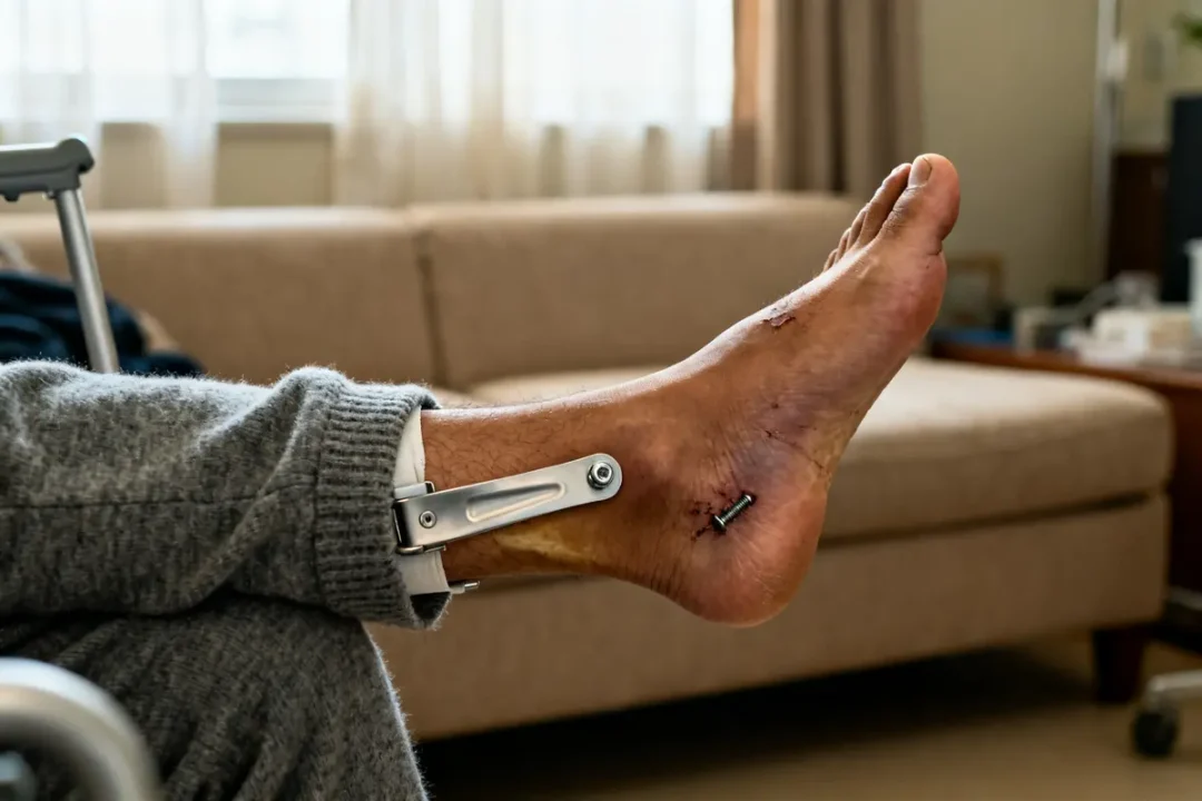 Pied blessé avec broche après accident Kevin Vauquelin fracture et rétablissement maison