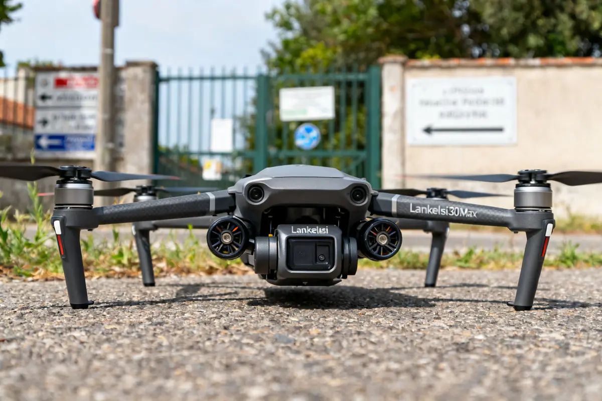 Drone Lankeleisi X3000 Max posé au sol devant une grille derrière lui.