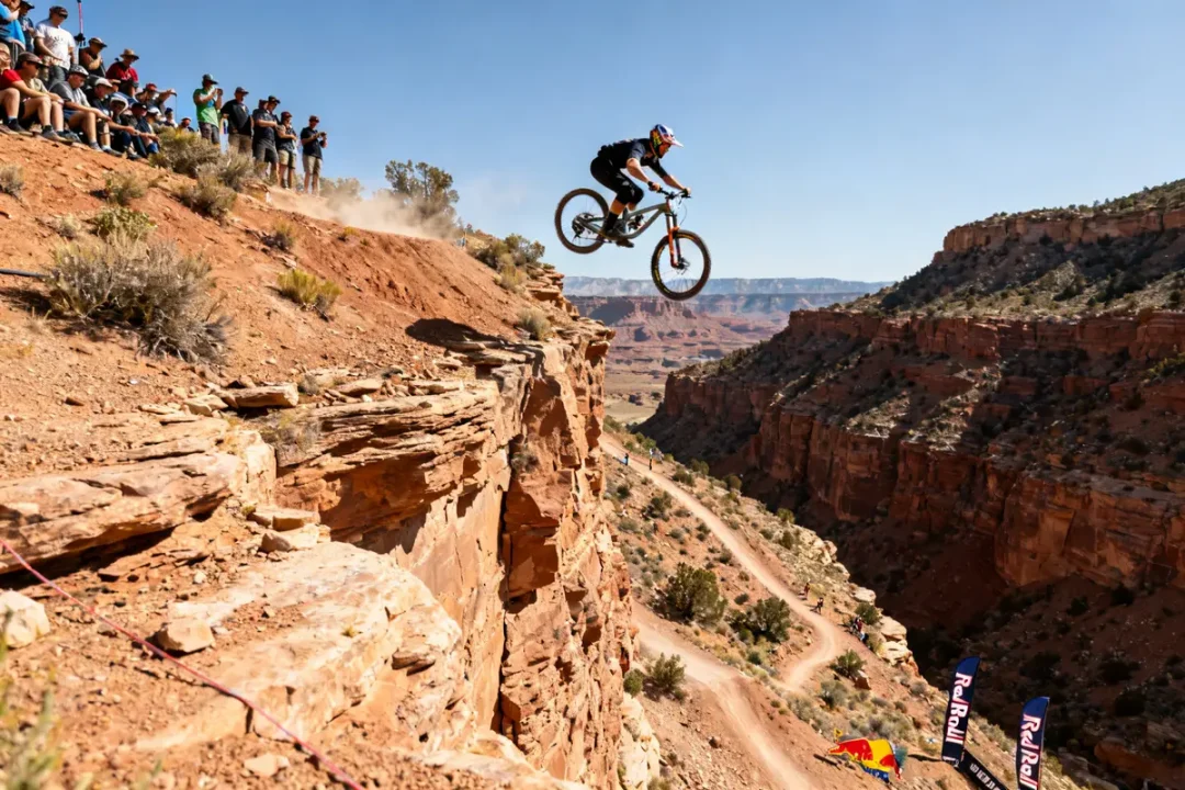 VTTiste sautant d'une falaise spectaculaire durant le Red Bull Rampage 2024 devant spectateurs