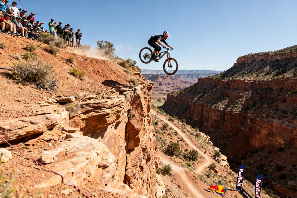 VTTiste sautant d'une falaise spectaculaire durant le Red Bull Rampage 2024 devant spectateurs
