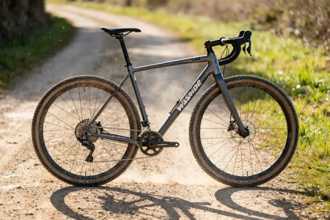 Vélo Salsa Warbird roulant sur un chemin de terre poussiéreux en pleine nature