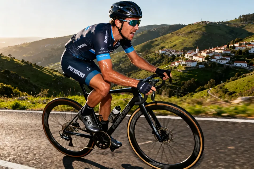 Cycliste grimpant col verdoyant lors de la Tour d'Algarve 2025 en plein effort