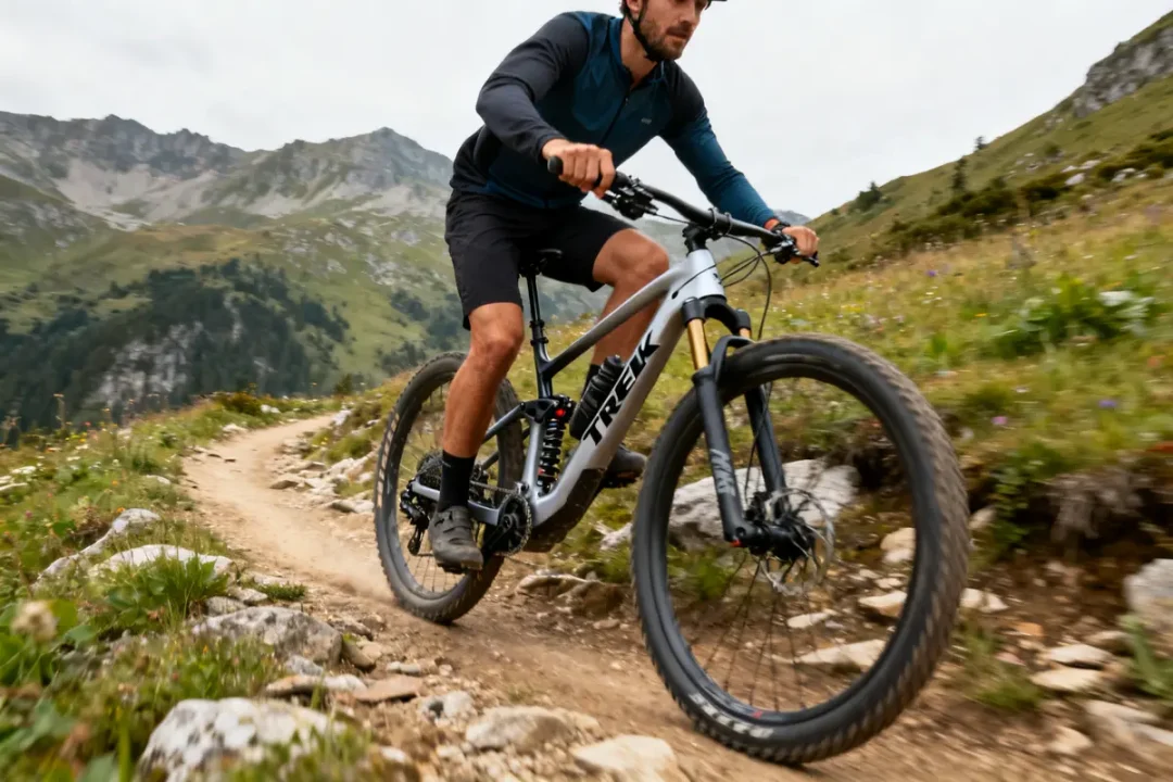 Cycliste en montagne avec vélo Trek Fuel EX sur un sentier rocheux