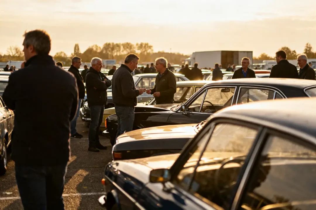 Participants à la vente aux enchères de voitures à Beauvais en plein air en discussion