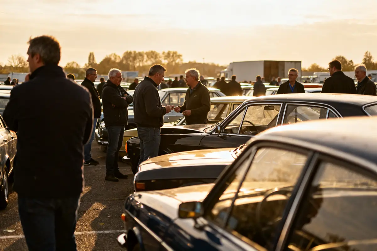 Participants à la vente aux enchères de voitures à Beauvais en plein air en discussion