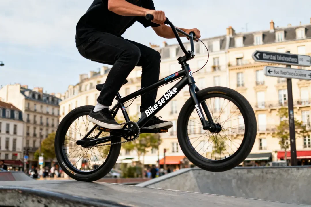 Cycliste exécutant une figure BMX sur rampe avec vélo Bike se bike en ville