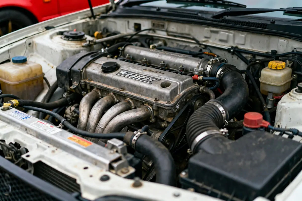 Moteur détaillé dans le compartiment avant d'une blw e30 voiture classique en réparation