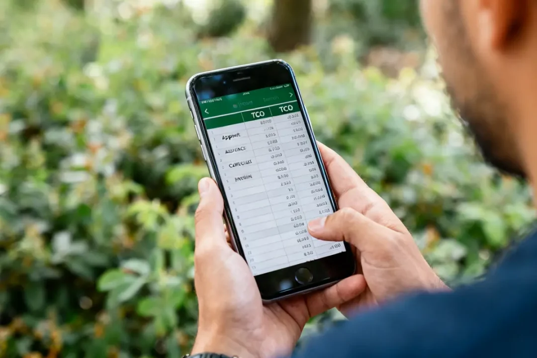 Personne utilisant calcul TCO véhicule Excel sur smartphone en extérieur
