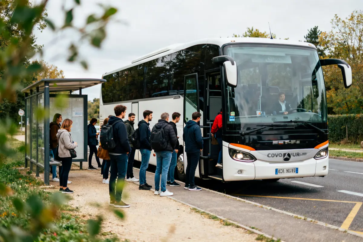Personnes montant dans un bus de covoiturage comuto pro c'est quoi transport collectif économique