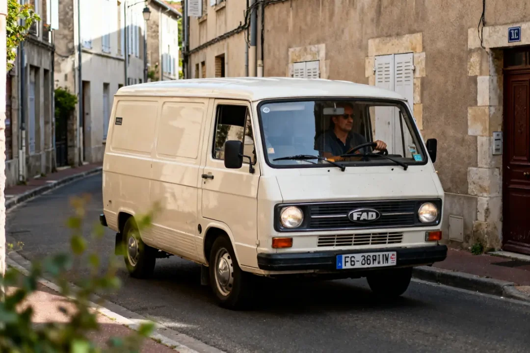 Homme conduisant un daf 33 van blanc dans une rue étroite de village.