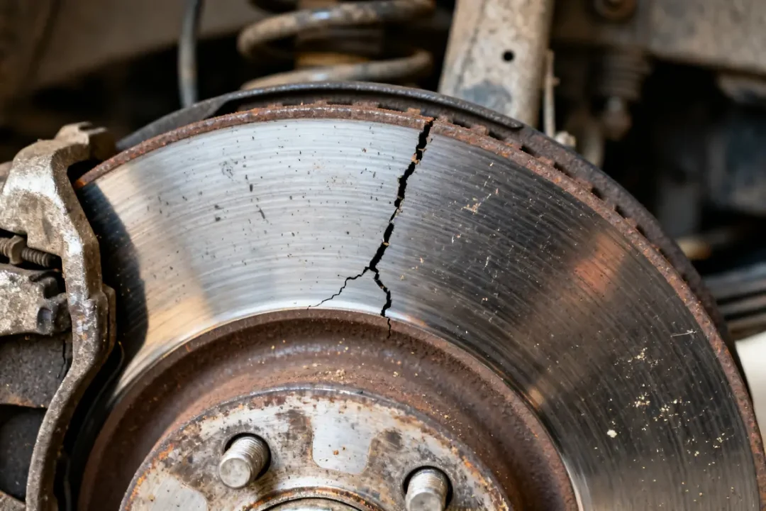 Disque de frein usé avec une fissure visible et de la rouille sur les bords
