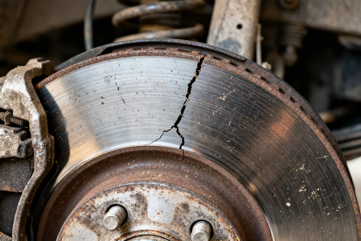Disque de frein usé avec une fissure visible et de la rouille sur les bords