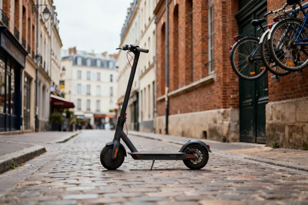 Trottinette électrique dans une rue pavée illustrant edpm signification en milieu urbain