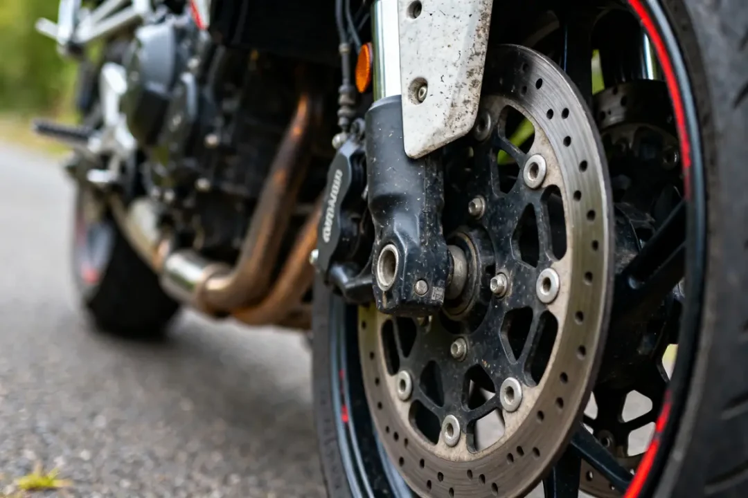 Gros plan d'un disque de frein avant moto sur une route asphaltée