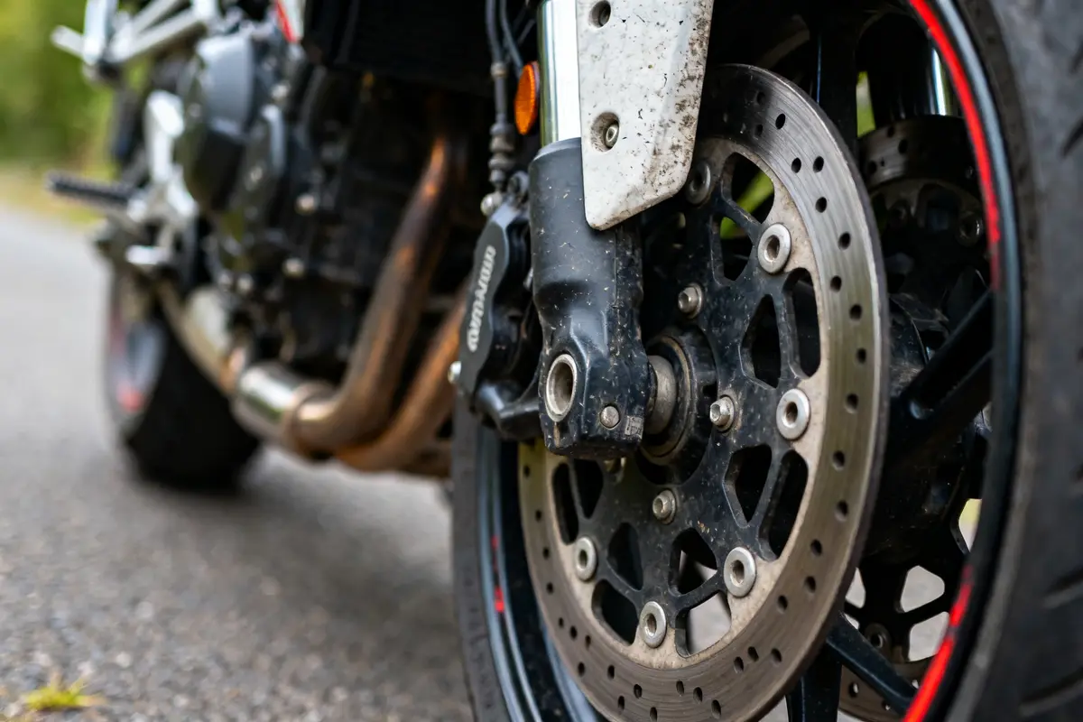 Gros plan d'un disque de frein avant moto sur une route asphaltée