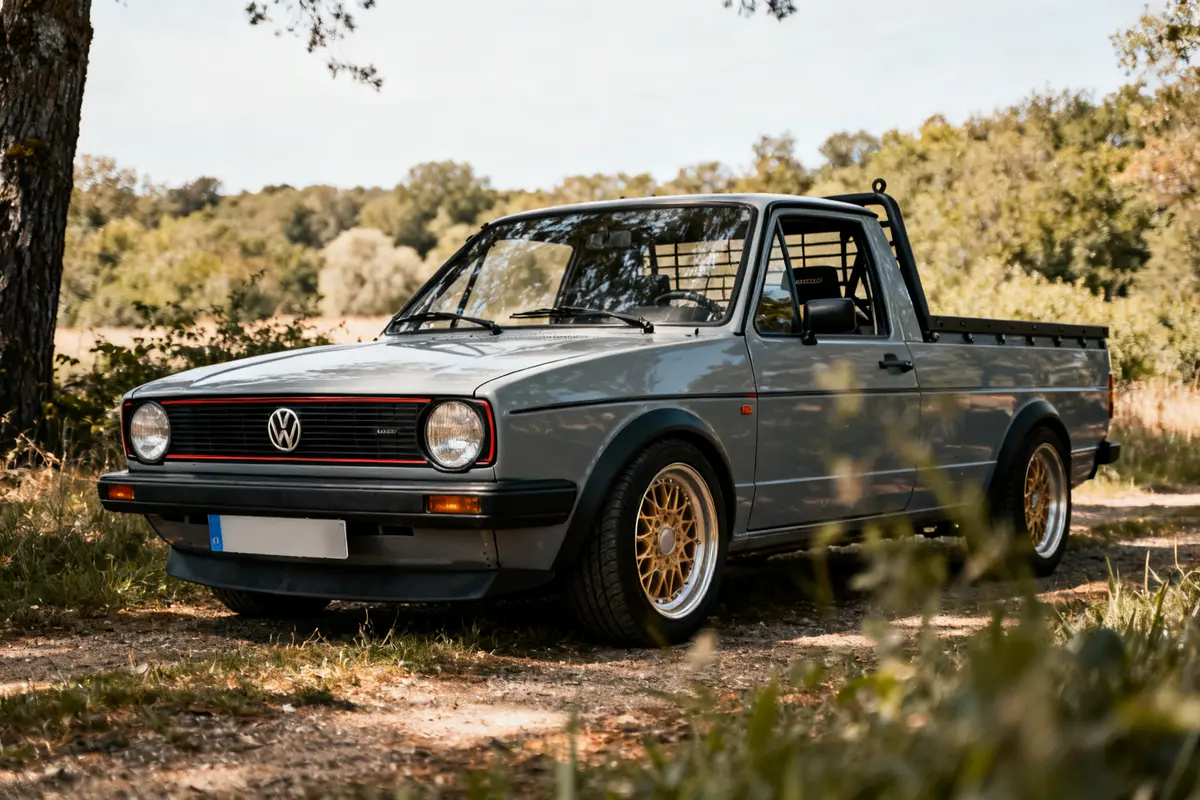 Pickup vintage gris en pleine nature, modèle emblématique golf 1 pickup stylisé