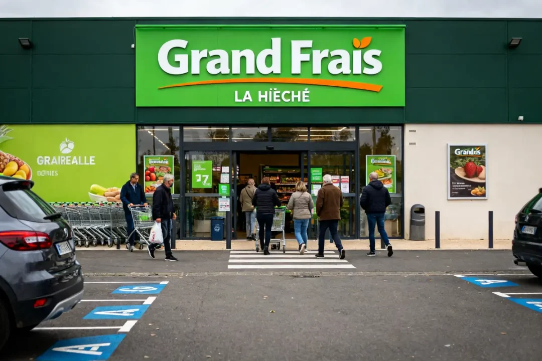 Façade du magasin Grand Frais la Riche avec clients et chariots à l'entrée
