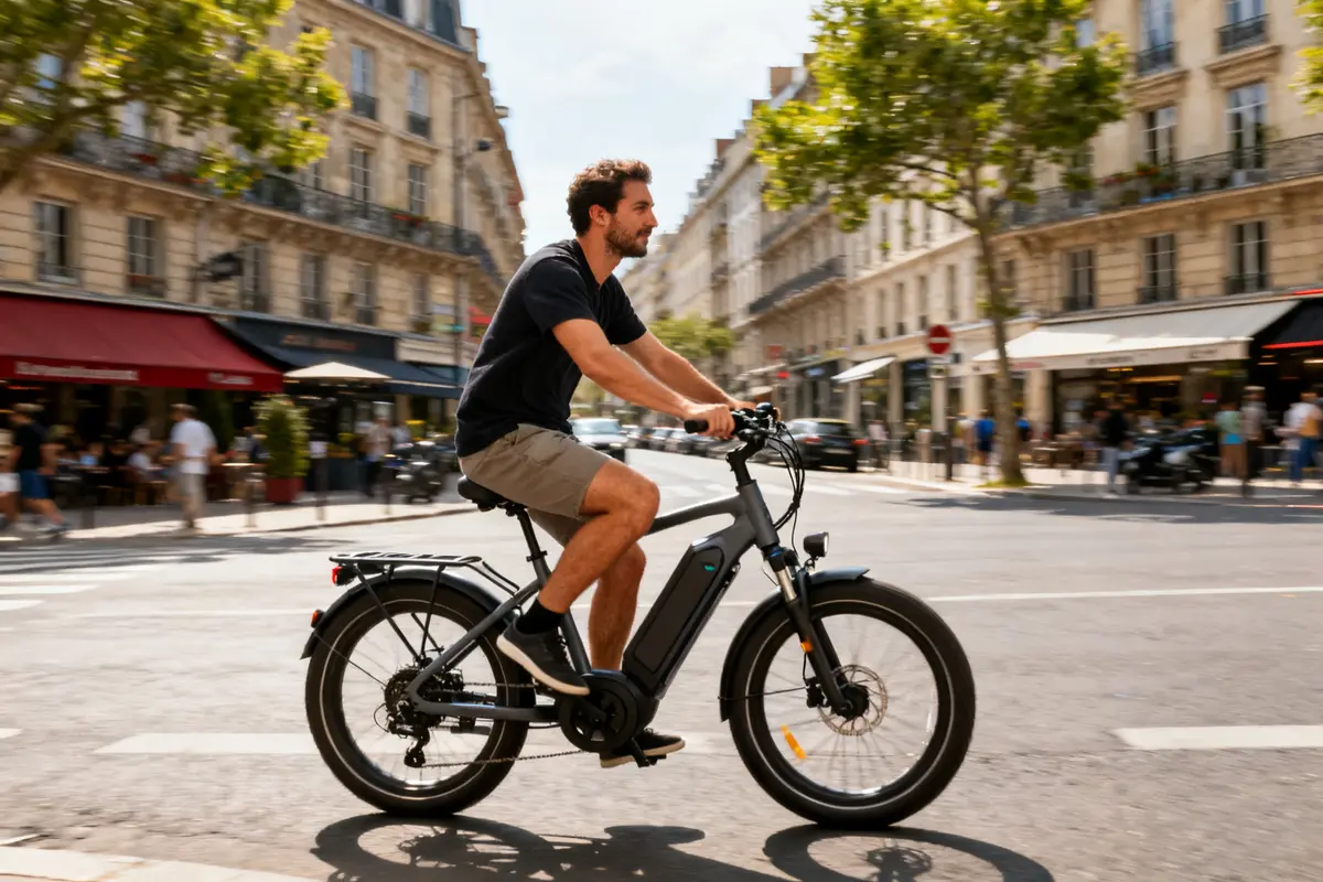 Homme à vélo électrique dans une rue urbaine ensoleillée avec cafés en arrière-plan