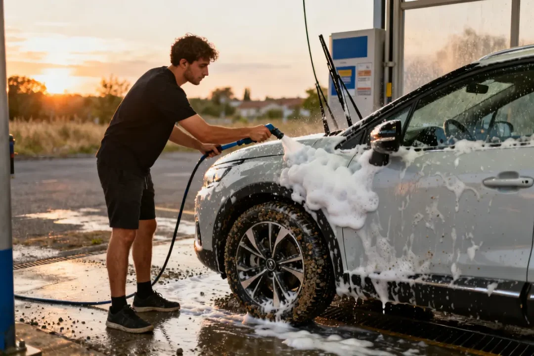 Homme lavant une voiture dans un carwash au coucher du soleil how to wash a car