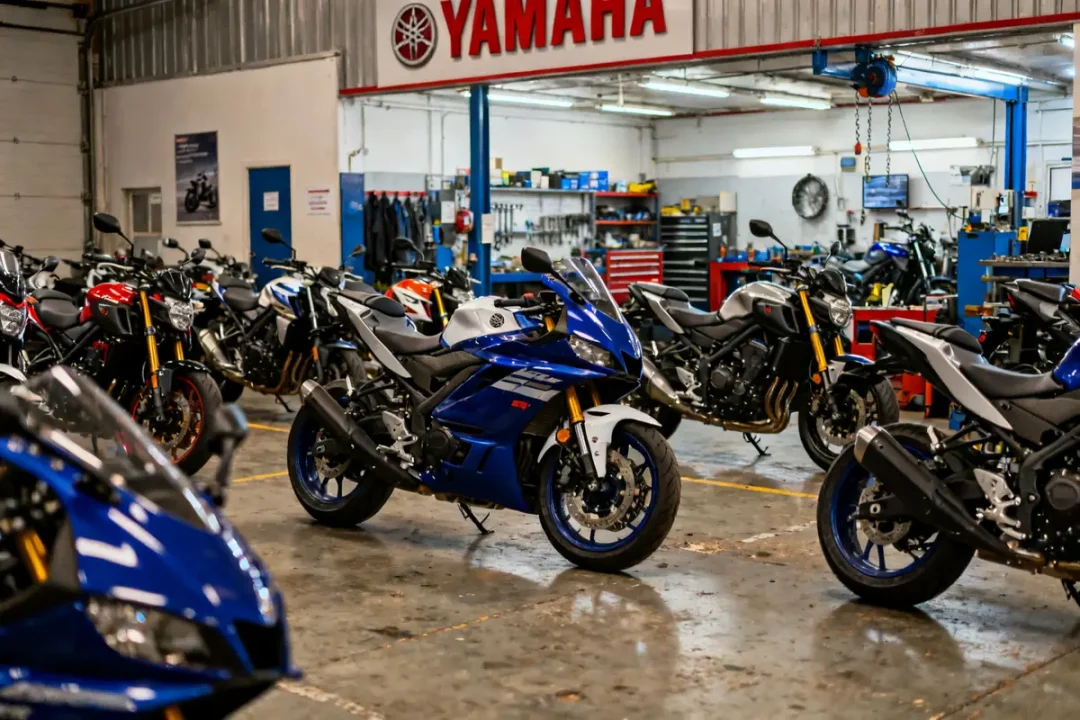 Motocycles Yamaha exposés dans un atelier spécialisé pour les passionnés des deux roues