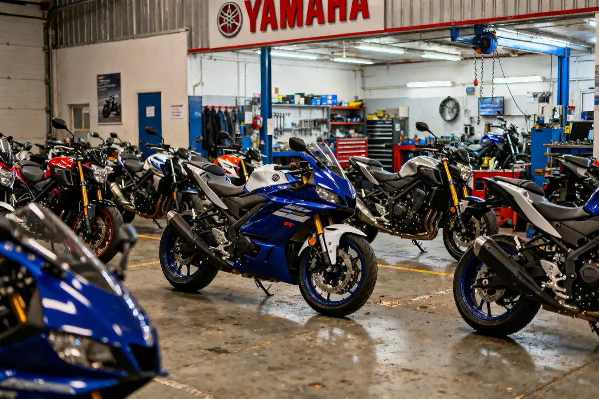 Motocycles Yamaha exposés dans un atelier spécialisé pour les passionnés des deux roues