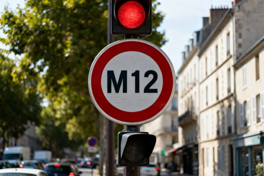 Signalisation panneau M12 sous feu rouge en ville avec immeubles et arbres en arrière-plan
