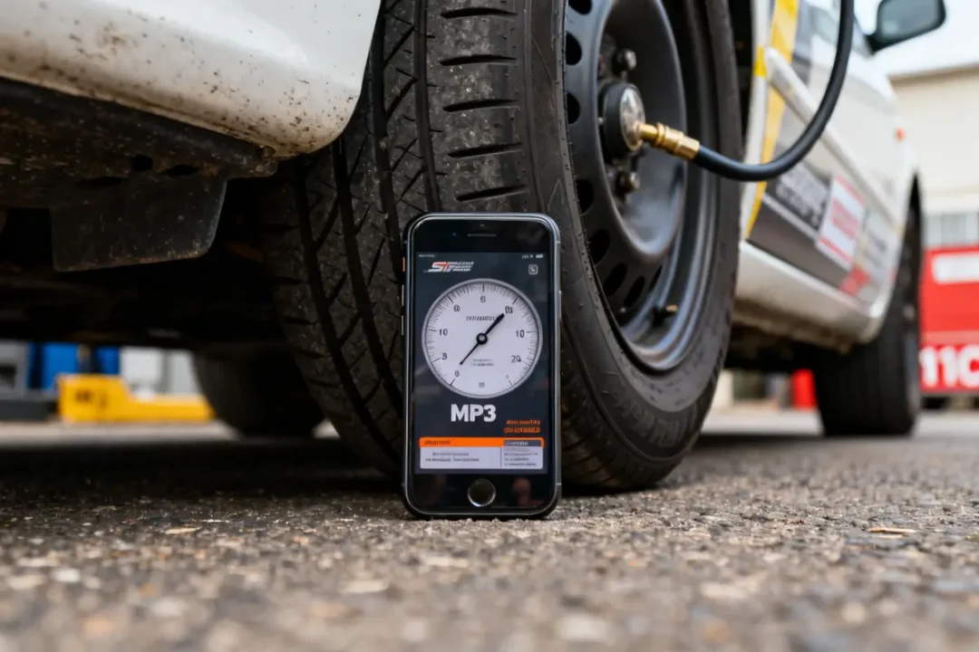 Application vérifiant pression pneus MP3 500 avec manomètre numérique devant voiture