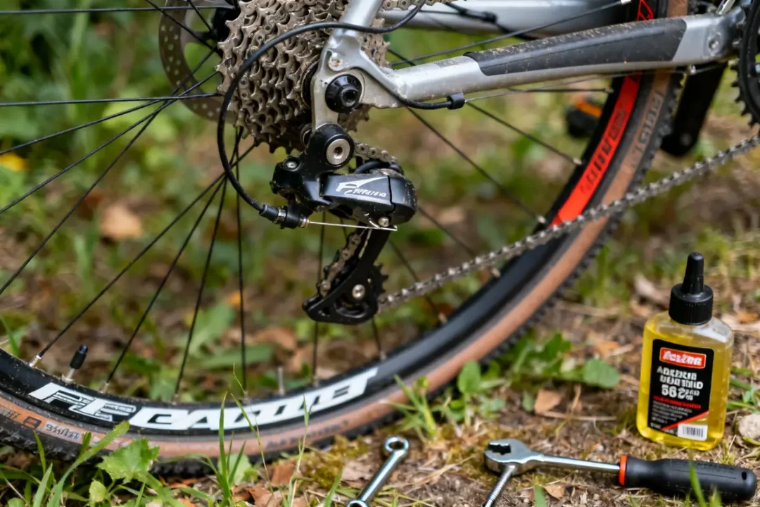 Vélo avec outils et huile pour le reglage derailleur arriere sur herbe verte