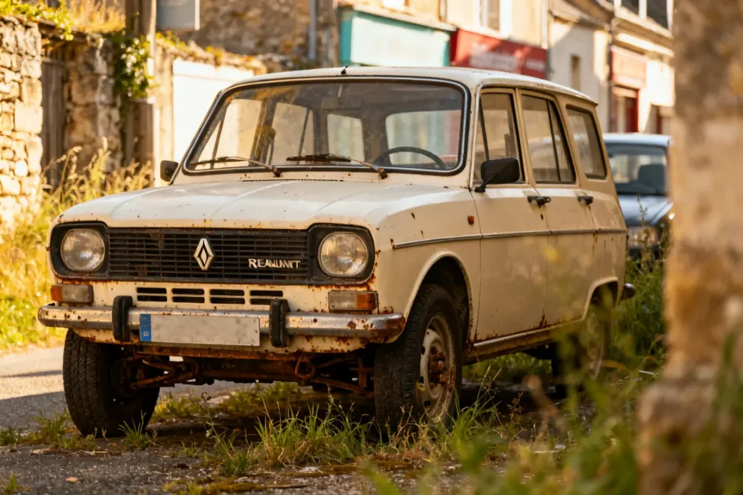 Renault SG2 vintage blanche, légèrement rouillée, garée dans une rue ensoleillée