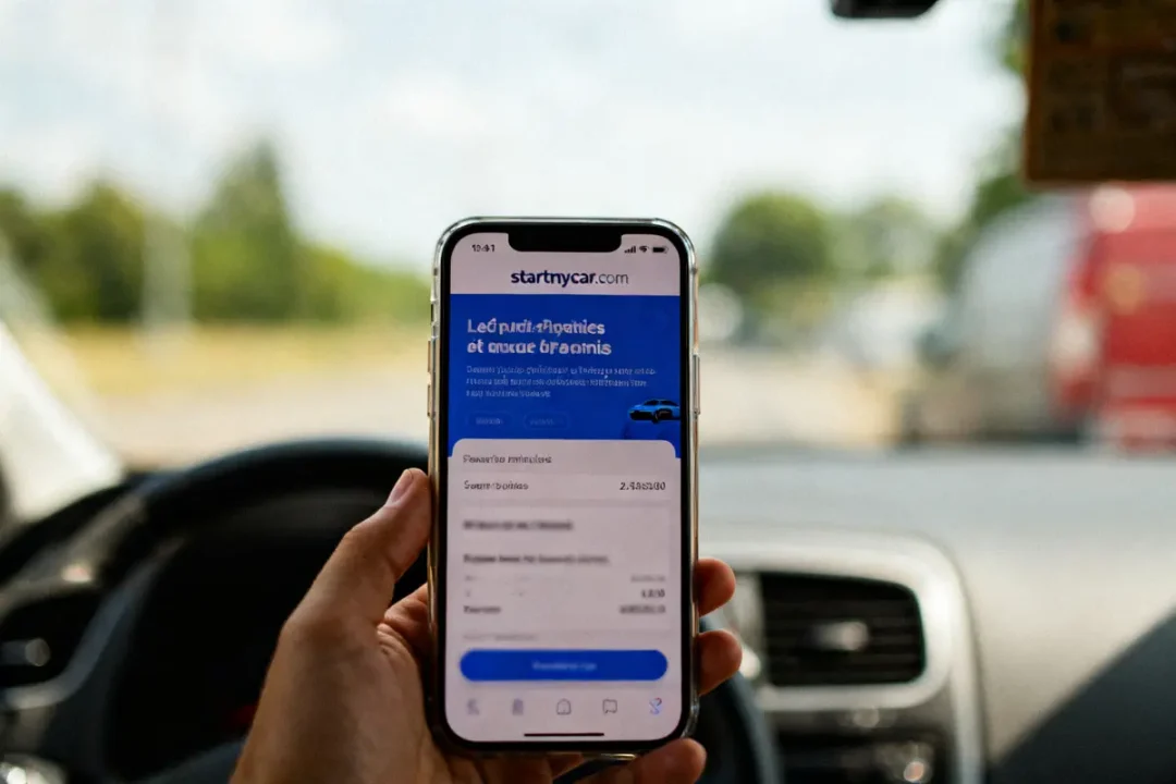 Main tenant un smartphone affichant startmycar com dans une voiture en mouvement