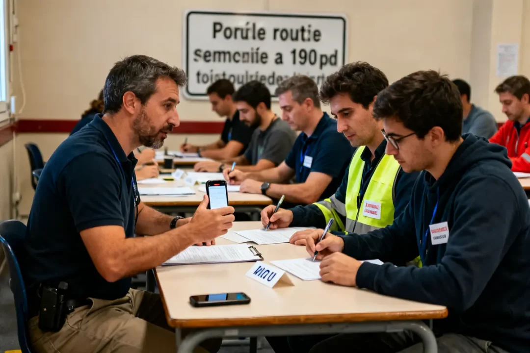Personnes en formation autour d'une table discutant du titre pro ecsr dans une salle.