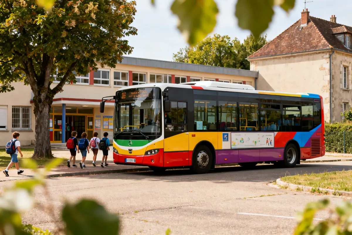 Un bus transport scolaire Bourgogne Franche Comté arrive à l'école avec des enfants.