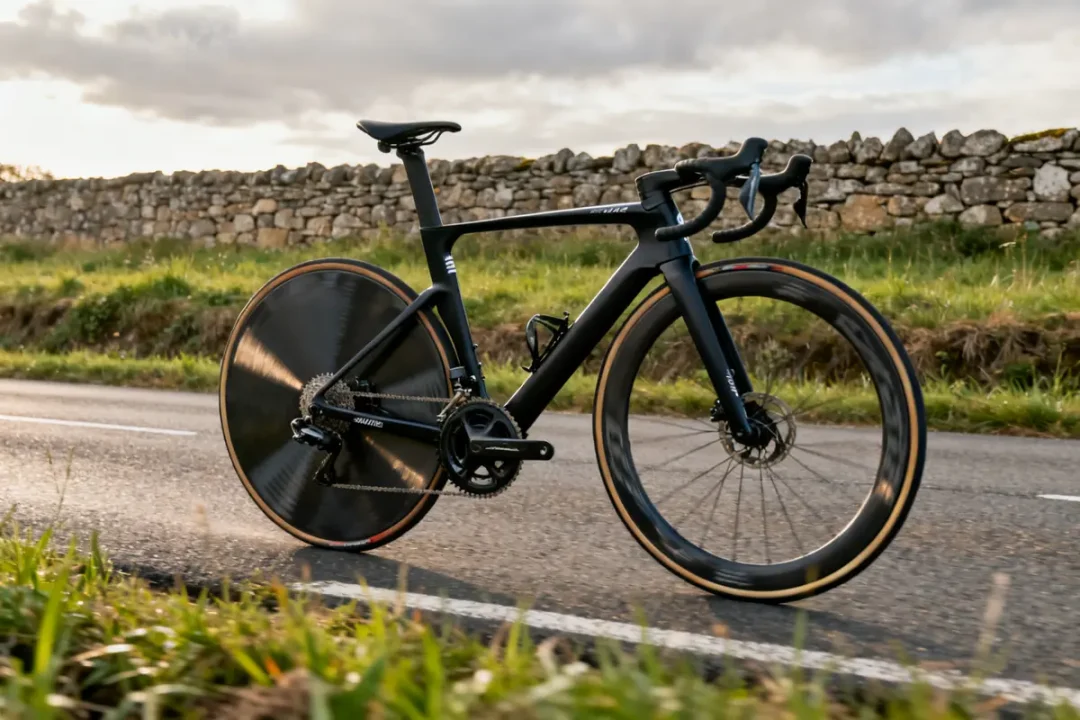Vélo de course noir sur route campagnarde, idéal pour le Tour de France.