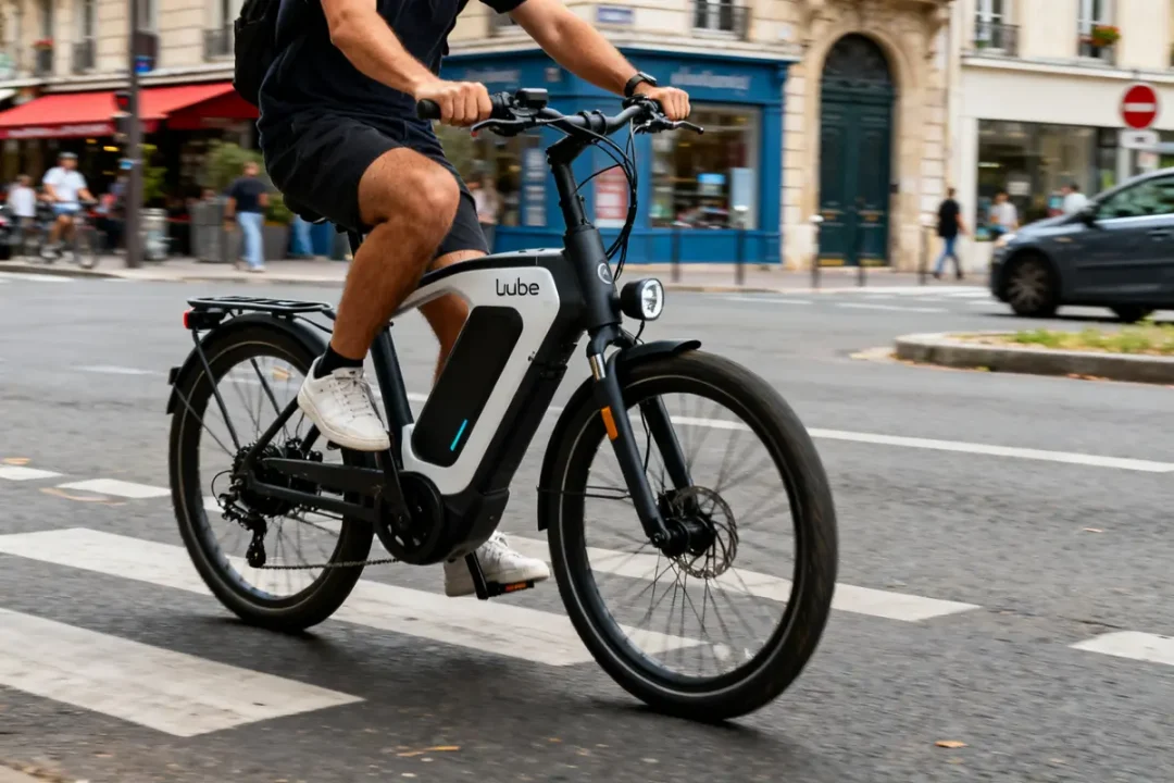 Homme en short roulant sur un vélo électrique Cube dans une rue urbaine animée