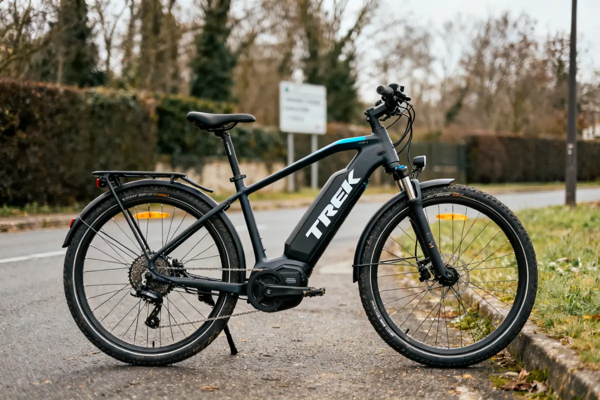 Vélo électrique Trek noir garé sur le bord d'une route en campagne