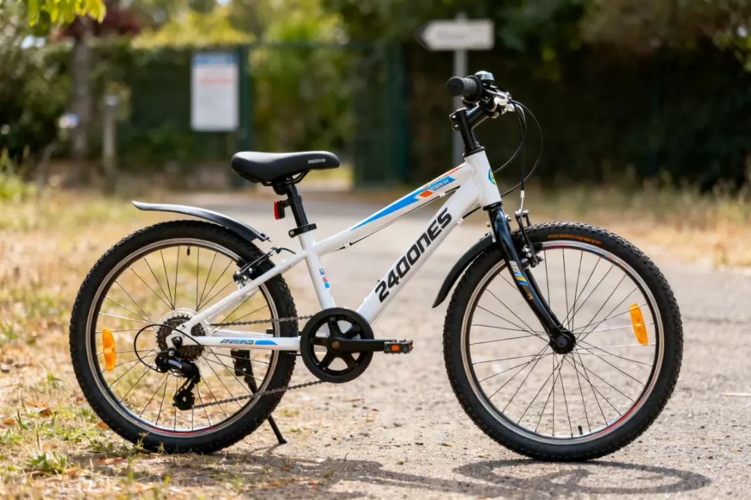 Vélo enfant 10 ans blanc sur chemin avec pneus tout terrain et garde-boues robustes