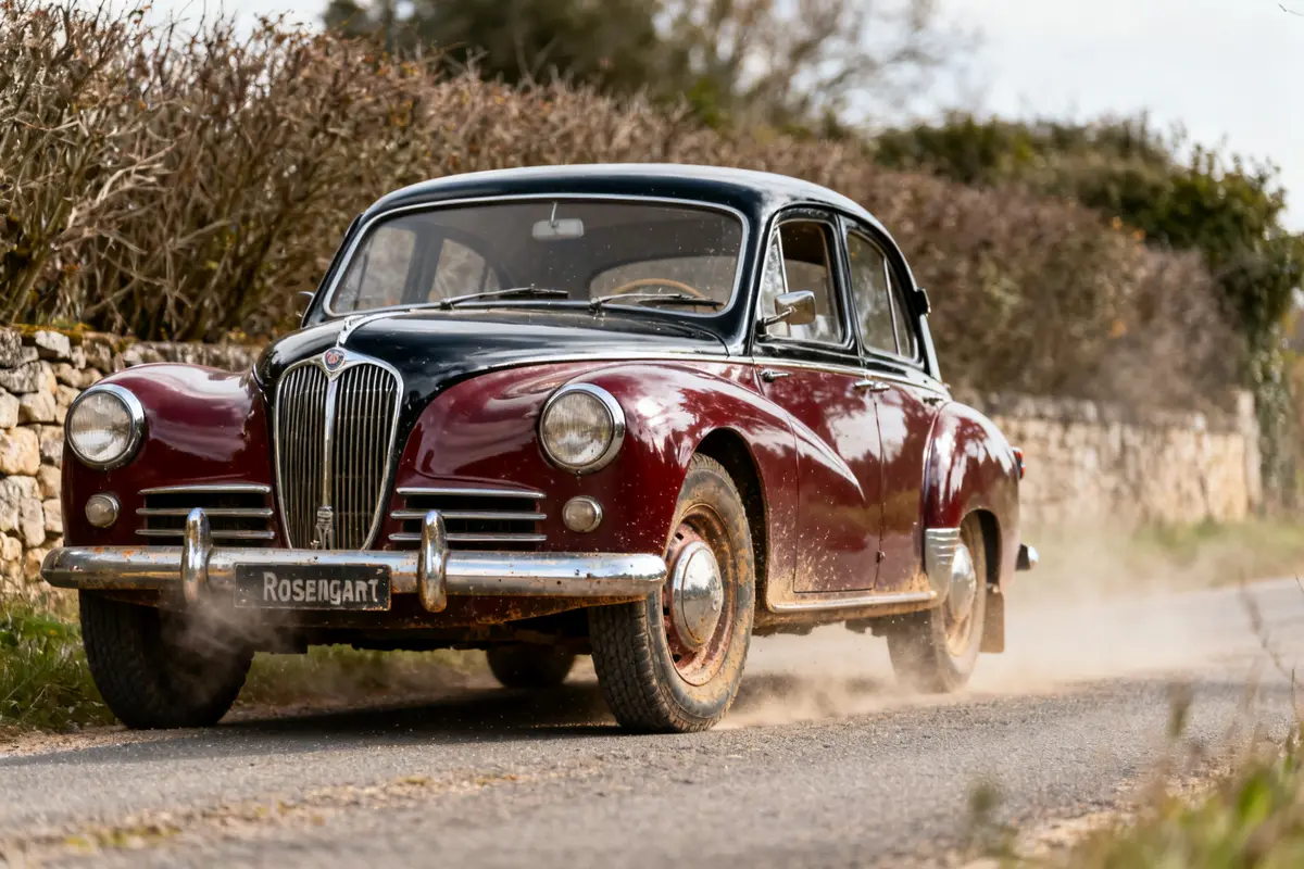 Voiture Rosengart 1950 rouge et noire roulant sur route de campagne poussiéreuse