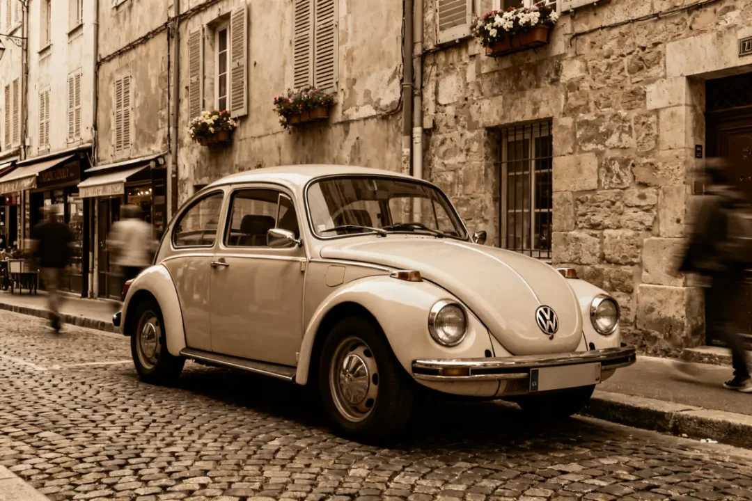 Voiture classique Volkswagen Typ 3 garée sur une rue pavée ancienne en ville européenne