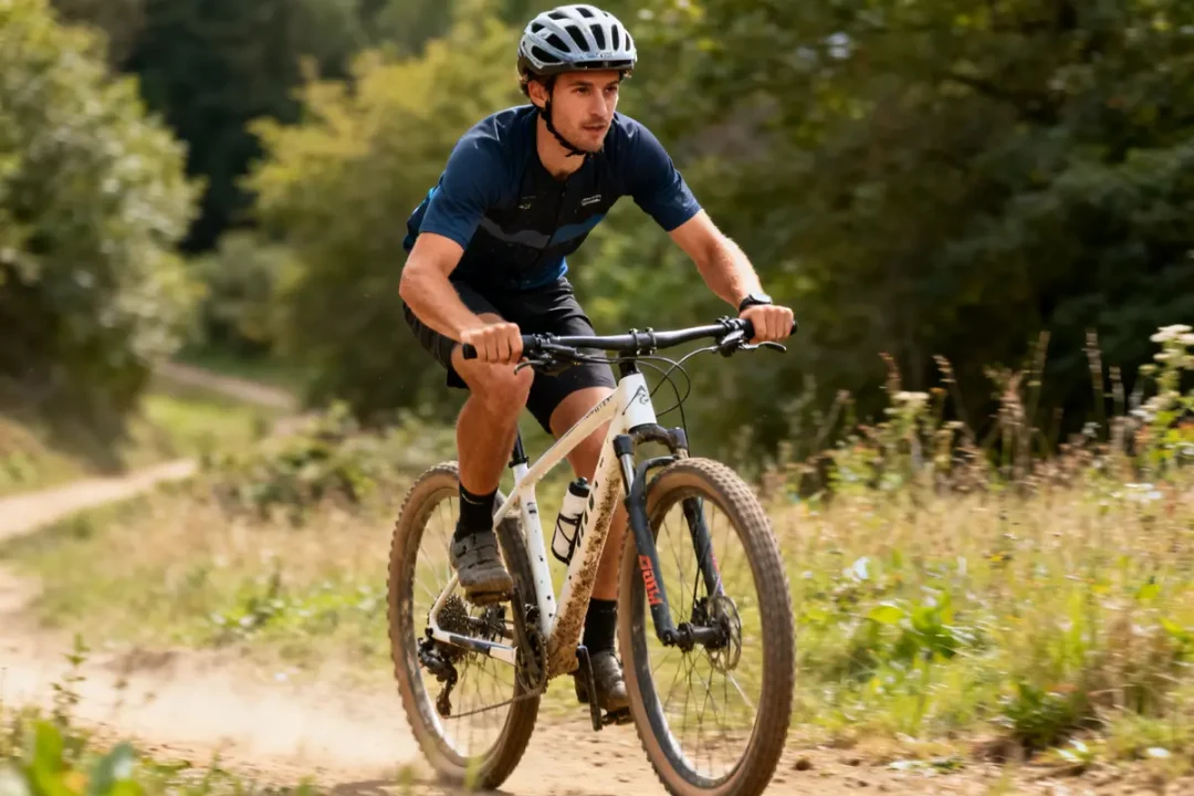 Cycliste sur chemin forestier avec vtt dirt en plein effort sur terrain accidenté
