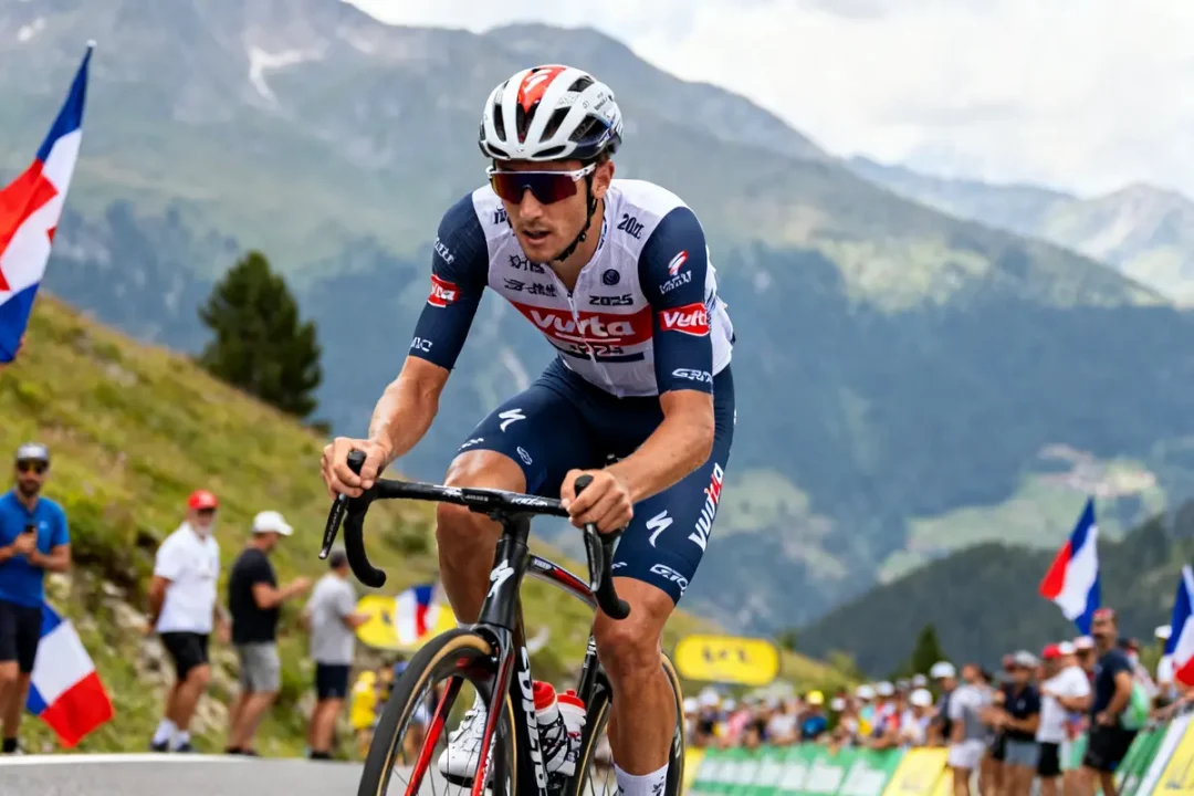 Cycliste en course lors de la montée de la Vuelta 2025 dans les montagnes alpines