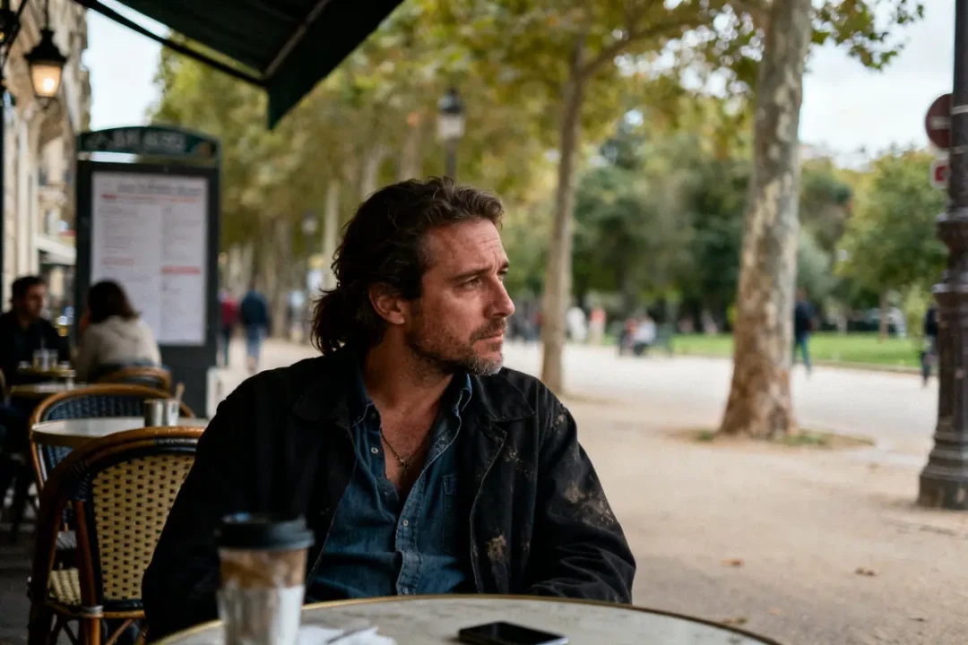 Homme pensif au café se demandant pourquoi nobody remembers my world en terrasse parisienne