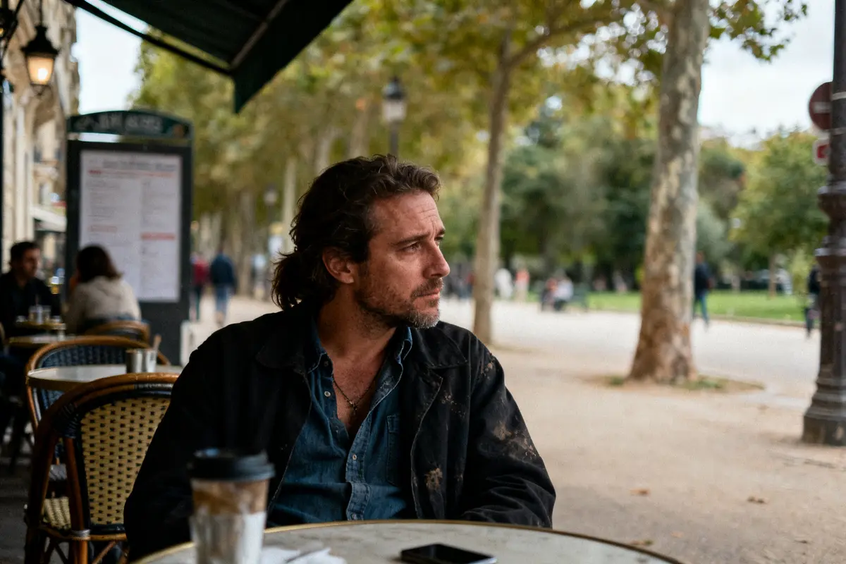 Homme pensif au café se demandant pourquoi nobody remembers my world en terrasse parisienne