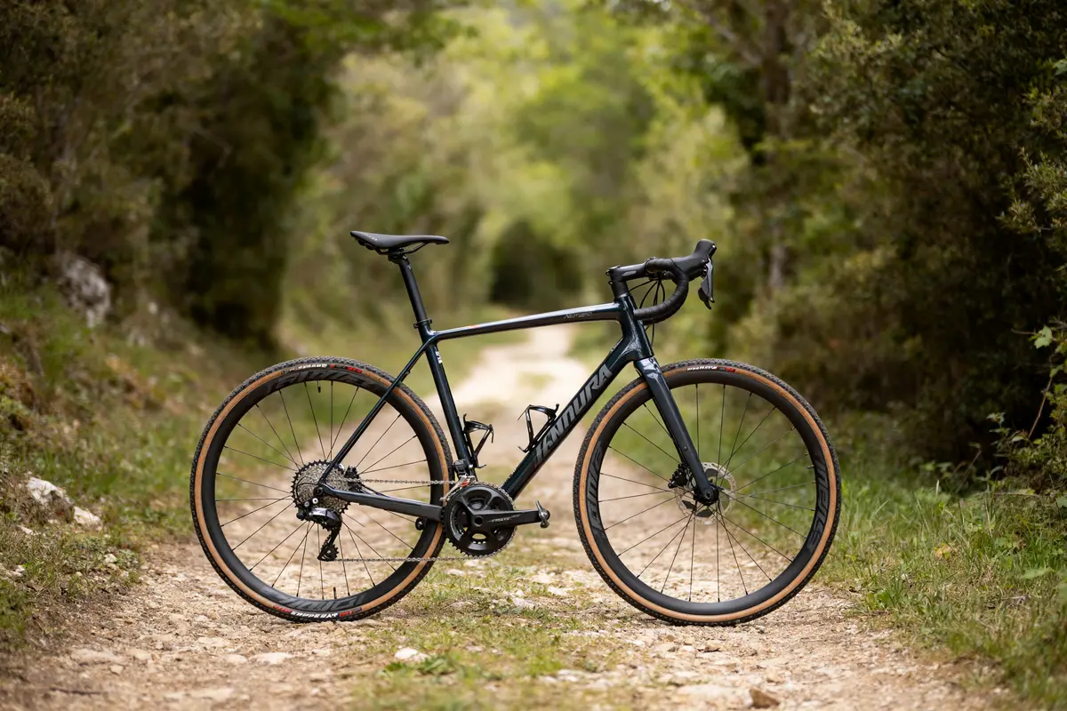 Vélo Nakamura Allroad Team sur sentier forestier, idéal pour aventures tout-terrain.
